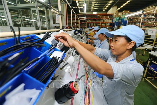 Trong ảnh: Sản xuất linh kiện điện điện tử tại công ty TNHH Minda (vốn đầu tư của Ấn Độ) cung cấp cho nhà máy của các Tập đoàn lớn tại Vĩnh Phúc như Toyota, Honda, Piaggio. Ảnh: Danh Lam  - TTXVN