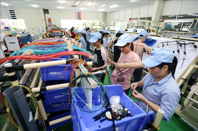 Trong ảnh: Sản xuất linh kiện điện điện tử tại công ty TNHH Minda (vốn đầu tư của Ấn Độ) cung cấp cho nhà máy của các Tập đoàn lớn tại Vĩnh Phúc như Toyota, Honda, Piaggio. Ảnh: Danh Lam  - TTXVN