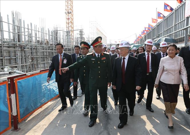Trong ảnh: Trong chuyến thăm hữu nghị chính thức Lào, chiều 24/2/2019, Tổng Bí thư, Chủ tịch nước Nguyễn Phú Trọng đến thăm công trình xây dựng Nhà Quốc hội Lào - quà tặng của Đảng, Nhà nước và nhân dân Việt Nam dành cho Đảng, Nhà nước và nhân dân Lào, tại Thủ đô Vientiane. Ảnh: Trí Dũng – TTXVN