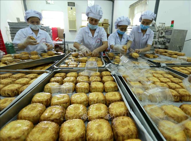 Trong ảnh: Đóng gói sản phẩm bánh trung thu tại nhà máy của Công ty. Ảnh: Vũ Sinh - TTXVN