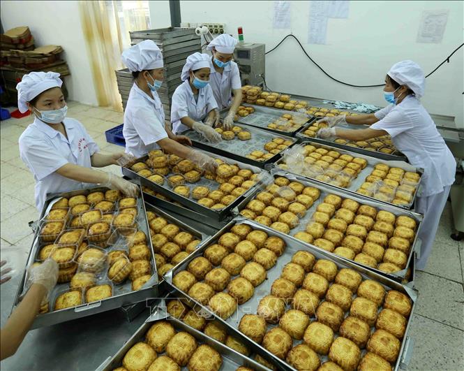 Trong ảnh: Đóng gói sản phẩm bánh trung thu tại nhà máy của Công ty. Ảnh: Vũ Sinh - TTXVN