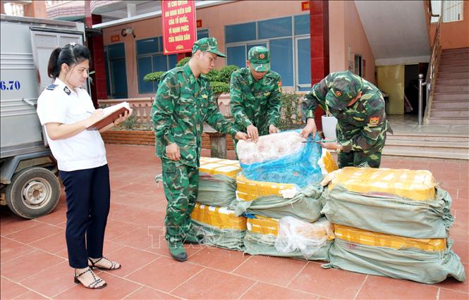 Trong ảnh: Các lực lượng chức năng kiểm đếm tang vật vừa được bắt giữ. Ảnh: Thái Thuần-TTXVN 