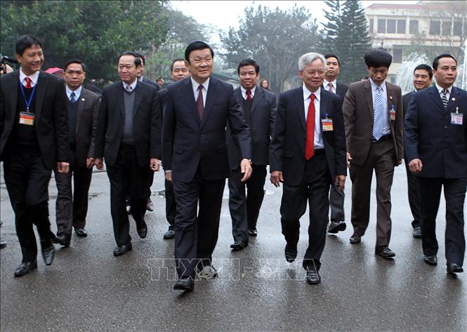 Trong ảnh: Sáng 12/3/2014, Chủ tịch nước Trương Tấn Sang đến thăm và phát biểu tại Lớp bồi dưỡng dự nguồn cán bộ cao cấp khóa 3 tại Học viện Chính trị - Hành chính quốc gia Hồ Chí Minh. Ảnh: Nguyễn Khang – TTXVN