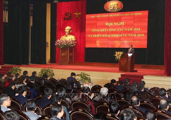 Trong ảnh: Hội nghị tổng kết công tác năm 2018 và triển khai nhiệm vụ năm 2019 của Học viện Chính trị quốc gia Hồ Chí Minh, sáng 24/1/2019. Ảnh: Dương Giang – TTXVN

