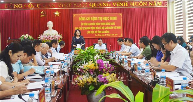 Trong ảnh: Phó Chủ tịch nước Đặng Thị Ngọc Thịnh phát biểu tại buổi làm việc với lãnh đạo chủ chốt tỉnh Cao Bằng. Ảnh: Quốc Đạt - TTXVN