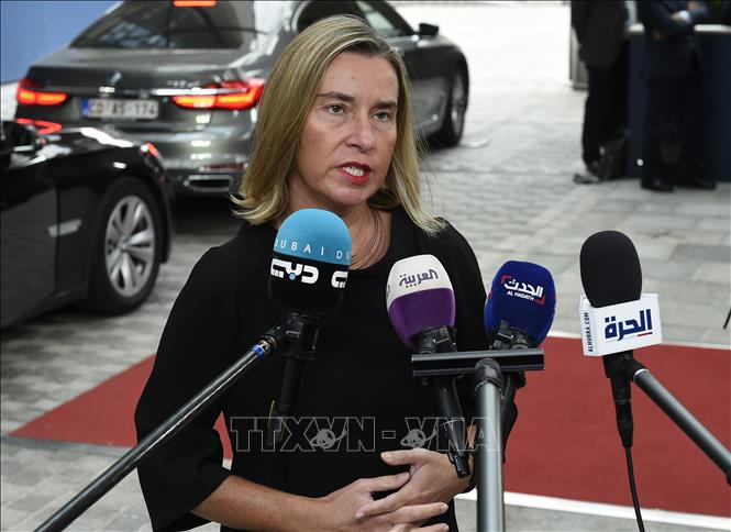Trong ảnh (tư liệu): Đại diện cấp cao phụ trách chính sách an ninh và ngoại giao của EU Federica Mogherini phát biểu tại Brussels, Bỉ, ngày 15/7/2019. Ảnh: AFP/ TTXVN