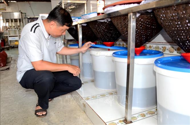 Trong ảnh: Sau khi ủ 12 tháng, mắm đã chín ngấu được lọc qua một phễu tre lót 2 lớp vải, quá trình này giúp nước mắm có màu trong và đẹp. Ảnh: Quốc Dũng - TTXVN
