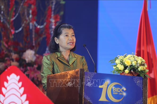 Phó Thủ tướng Campuchia Men Sam An phát biểu tại buổi lễ. Ảnh: Trần Long - Minh Hưng, P/v CQTT TTXVN tại Campuchia