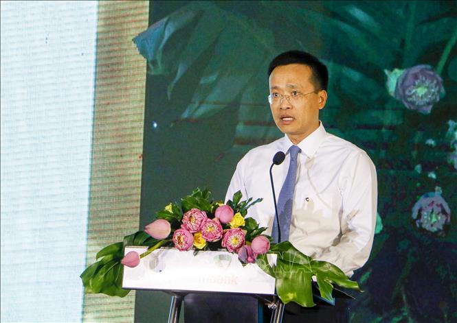 Ông Phạm Quang Dũng, Tổng Giám đốc Ngân hàng Ngoại thương Việt Nam (Vietcombank) phát biểu tại buổi lễ. Ảnh: Thanh Liêm - TTXVN