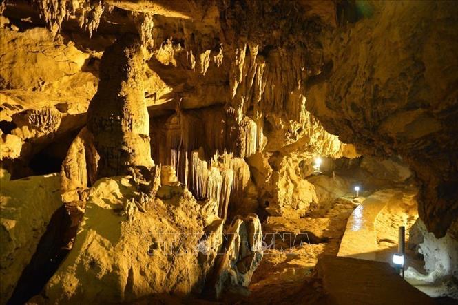 Trong ảnh: Động Ngườm Ngao, huyện Trùng Khánh (Cao Bằng) nằm trong Công viên Địa chất Toàn cầu, là một trong những hang động đẹp nhất Việt Nam bởi hệ thống nhũ đá và măng đá tạo nên những khung cảnh thật sinh động, kì thú. Ảnh: Thanh Hà – TTXVN