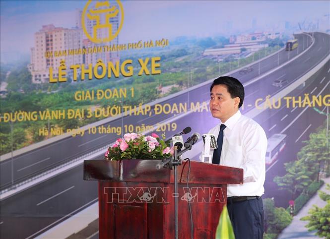 Trong ảnh: Chủ tịch UBND Thành phố Hà Nội Nguyễn Đức Chung phát biểu tại buổi lễ. Ảnh: Dương Giang - TTXVN