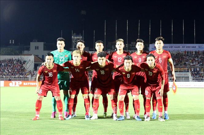 Trong ảnh: Các cầu thủ đội tuyển U22 Việt Nam trước trận đấu. Ảnh: Thanh Vũ - TTXVN
