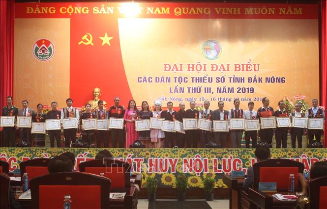Trong ảnh: Lãnh đạo UBND tỉnh tặng Bằng khen cho các cá nhân xuất sắc trong công tác dân tộc. Ảnh: Ngọc Minh - TTXVN