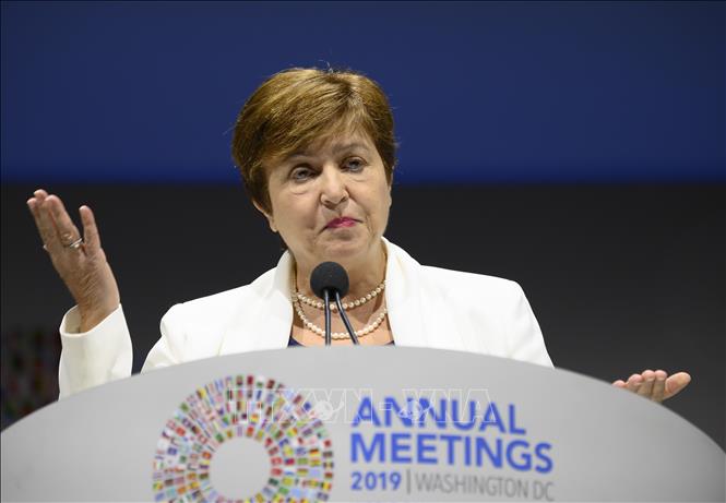 Trong ảnh: Tổng Giám đốc IMF - bà Kristalina Georgieva phát  biểu tại Hội nghị thường niên  Quỹ Tiền tệ Quốc tế (IMF) và Ngân hàng Thế giới (WB)  ở Washington, DC,Mỹ, ngày  18/10. Ảnh: AFP/TTXVN