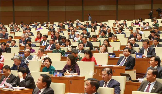 Trong ảnh: Đoàn đại biểu Quốc hội tỉnh Hải Dương tại phiên khai mạc. Ảnh: Doãn Tấn - TTXVN