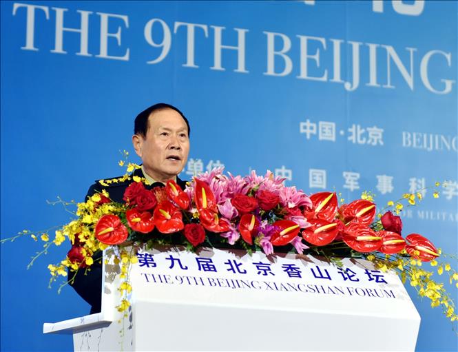 Trong ảnh: Thượng tướng Ngụy Phụng Hòa, Ủy viên Quốc vụ kiêm Bộ trưởng Bộ Quốc Trung Quốc phát biểu. Ảnh: Lương Tuấn– Phóng viên TTXVN tại Trung Quốc