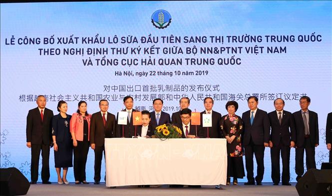Photo: TH Milk signs a contract to ship the first batch of dairy products to China with its Chinese partner, Wuxi Jinqiao International Food City. VNA Photo: Vũ Sinh