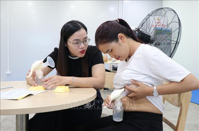 Trong ảnh: Hướng dẫn quy trình vắt sữa mẹ cho công nhân Công ty Vinatech Vina. Ảnh: Đinh Văn Nhiều-TTXVN