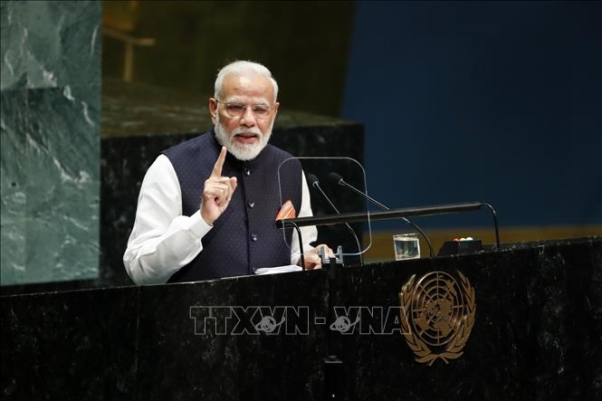 Trong ảnh: Thủ tướng Ấn Độ Narendra Modi phát biểu tại Khóa họp 74 Đại hội đồng LHQ ở New York (Mỹ) ngày 27/9/2019. Ảnh: THX/TTXVN