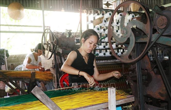 Photo: Weaving mats by machine in Long Dinh Village. VNA Photo: Nam Thái