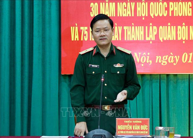 Trong ảnh: Thiếu tướng Nguyễn Văn Đức, Cục trưởng Cục Tuyên huấn - Tổng cục Chính trị QĐND Việt Nam chủ trì họp báo. Ảnh: Dương Giang - TTXVN