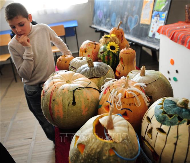 Trong ảnh: Các em học sinh giới thiệu các tác phẩm chạm khắc bí ngô chào đón Lễ Halloween ở Bucharest. Ảnh: AFP/TTXVN