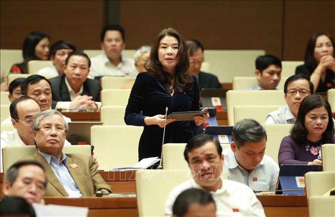 Trong ảnh: Đại biểu Quốc hội tỉnh Lào Cai Lê Thu Hà chất vấn Bộ trưởng Bộ Công Thương Trần Tuấn Anh. Ảnh: Doãn Tấn - TTXVN