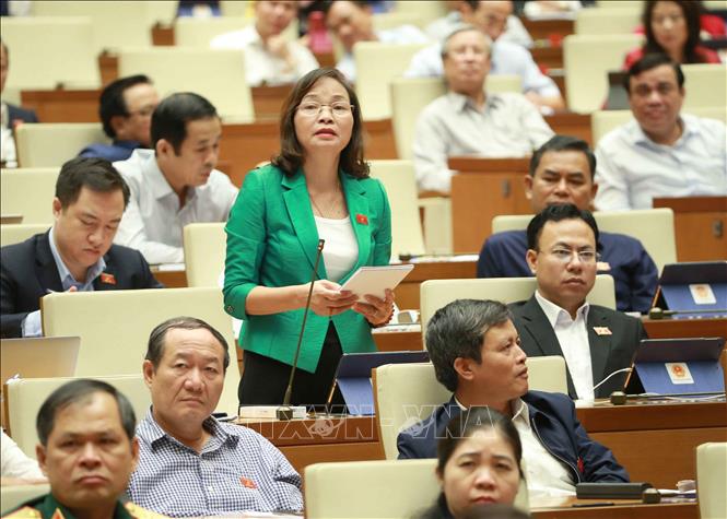 Trong ảnh: Đại biểu Quốc hội tỉnh Hải Dương Vũ Thị Thủy chất vấn Bộ trưởng Bộ Công Thương Trần Tuấn Anh. Ảnh: Doãn Tấn - TTXVN