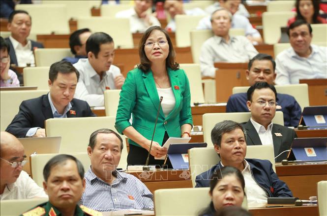 Trong ảnh: Đại biểu Quốc hội tỉnh Hải Dương Vũ Thị Thủy chất vấn Bộ trưởng Bộ Công Thương Trần Tuấn Anh. Ảnh: Doãn Tấn - TTXVN