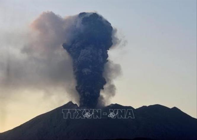 Trong ảnh: Núi lửa Sakurajima ở tỉnh Kagoshima, Tây Nam Nhật Bản phun tro bụi ngày 8/11/2019. Ảnh: Kyodo/TTXVN