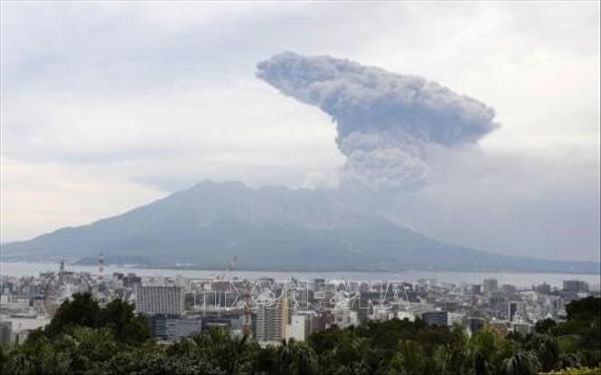Trong ảnh: Núi lửa Sakurajima ở tỉnh Kagoshima, Tây Nam Nhật Bản phun tro bụi ngày 8/11/2019. Ảnh: Kyodo/TTXVN