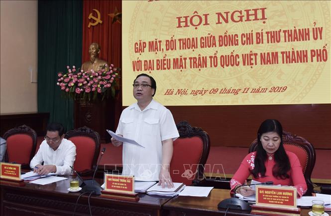 Trong ảnh: Bí thư Thành ủy Hà Nội Hoàng Trung Hải phát biểu tại buổi đối thoại. Ảnh: Văn Điệp - TTXVN