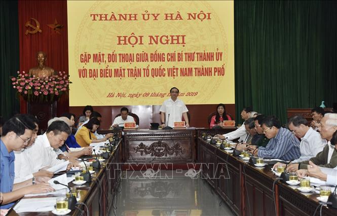 Trong ảnh: Bí thư Thành ủy Hà Nội Hoàng Trung Hải phát biểu tại buổi đối thoại. Ảnh: Văn Điệp - TTXVN