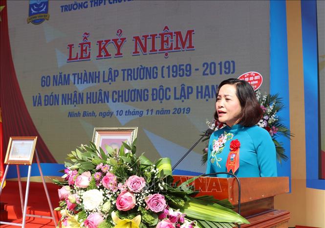 Trong ảnh: Ủy viên Trung ương Đảng, Bí thư Tỉnh ủy Ninh Bình Nguyễn Thị Thanh phát biểu tại lễ kỷ niệm. Ảnh: Đức Phương - TTXVN