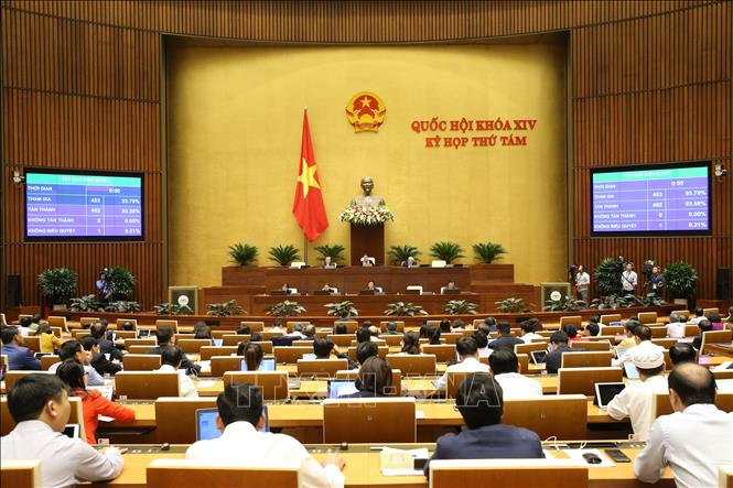 Trong ảnh: Nghị quyết về dự toán ngân sách nhà nước 2020 được thông qua với tỷ lệ 93.58% ý kiến tán thành của đại biểu Quốc hội. Ảnh: Dương Giang - TTXVN