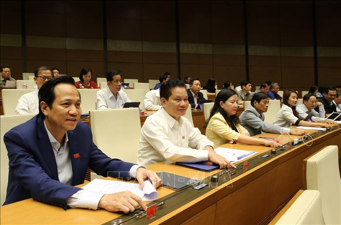 Trong ảnh: Các đại biểu Quốc hội biểu quyết thông qua Nghị quyết về dự toán ngân sách nhà nước 2020. Ảnh: Dương Giang - TTXVN