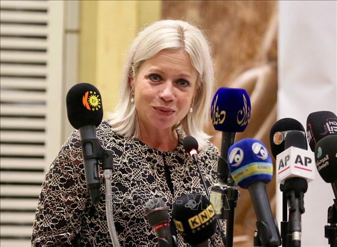 Trong ảnh: Người đứng đầu Phái bộ hỗ trợ của LHQ tại Iraq (UNAMI), bà Jeanine Hennis-Plasschaert trong cuộc họp báo ở thủ đô Baghdad (Iraq) ngày 1/8/2019. Ảnh: THX/TTXVN