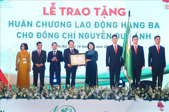 Trong ảnh: Phó Chủ tịch nước Đặng Thị Ngọc Thịnh trao Huân chương Lao động hạng Ba của Chủ tịch nước cho PGS.TS Nguyễn Duy Ánh, Giám đốc Bệnh viện Phụ sản Hà Nội. Ảnh: Minh Quyết - TTXVN