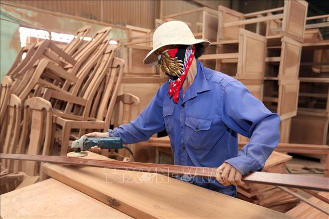 Trong ảnh: Sản xuất  gỗ ghép thanh tại Công ty TNHH Phú Thịnh, thị trấn Vôi. Ảnh: Danh Lam – TTXVN