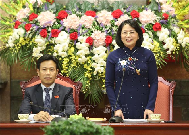 Trong ảnh: Phó Chủ tịch nước Đặng Thị Ngọc Thịnh phát biểu tại buổi gặp mặt. Ảnh: Dương Giang - TTXVN