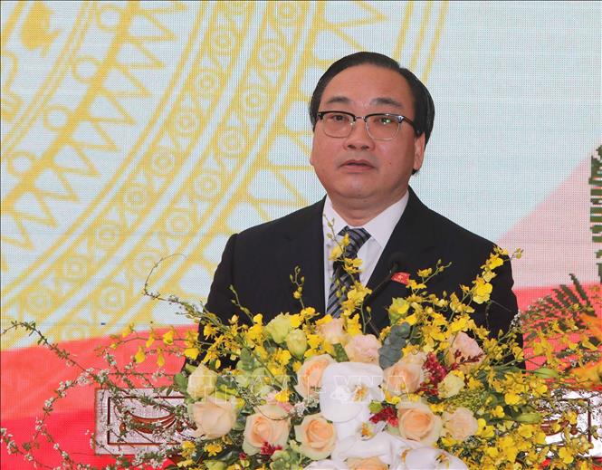 Trong ảnh: Ủy viên Bộ Chính trị, Bí thư Thành ủy Hà Nội Hoàng Trung Hải phát biểu tại buổi lễ. Ảnh: Thanh Tùng-TTXVN
