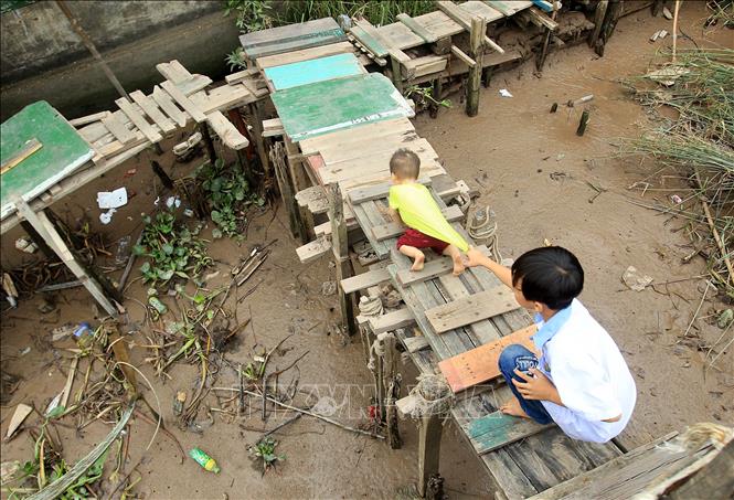 Trong ảnh: Từ lúc biết bò đến lúc biết đi, trẻ em xóm chài vẫn chỉ đi trên đoạn cầu nhiều nhịp bằng gỗ mục. Ảnh: An Đăng - TTXVN