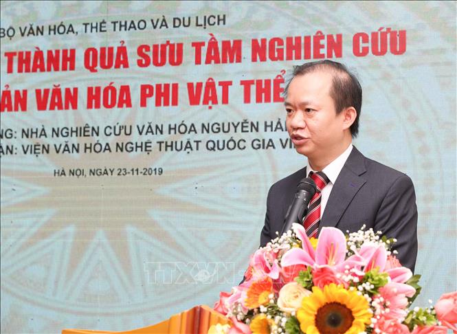 Trong ảnh: PGS.TS Bùi Hoài Sơn, Viện trưởng Viên Văn hóa Nghệ thuật Quốc gia Việt Nam phát biểu tại nuôi lễ. Ảnh: Thanh Tùng-TTXVN