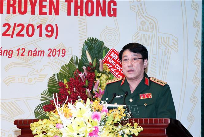 Trong ảnh: Đại tướng Lương Cường, Bí thư Trung ương Đảng, Ủy viên Thường vụ Quân ủy Trung ương, Chủ nhiệm Tổng cục Chính trị, Quân đội Nhân dân Việt Nam phát biểu tại buổi gặp mặt. Ảnh: Xuân Khu- TTXVN
