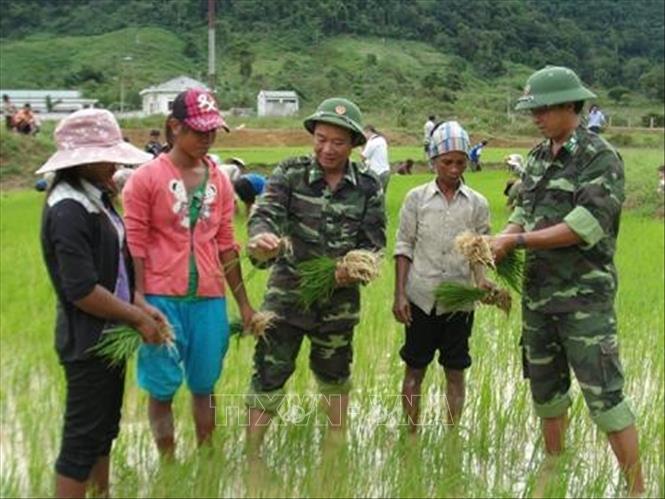 23. Trong thời bình, cán bộ, chiến sĩ quân đội càng phải thật sự đi sâu, đi sát, gần gũi nhân dân. Trong ảnh: Chiến sĩ Bộ đội Biên phòng Quảng Bình hướng dẫn bà con dân tộc thiểu số trồng lúa nước. Ảnh: TTXVN phát
