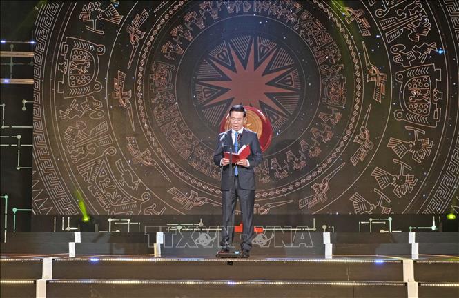 Trong ảnh: Đồng chí Võ Văn Thưởng - Ủy viên Bộ Chính trị, Bí thư Trung ương Đảng, Trưởng Ban Tuyên giáo Trung ương phát biểu tại lễ khai mạc. Ảnh: Nguyễn Dũng - TTXVN