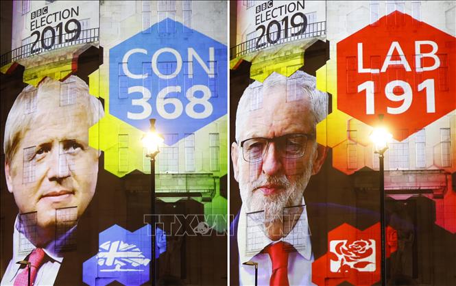Trong ảnh: Kết quả thăm dò sau bỏ phiếu tổng tuyển cử Anh được công bố bên ngoài tòa nhà BBC ở London, ngày 12/12/2019. Ảnh: AFP/TTXVN