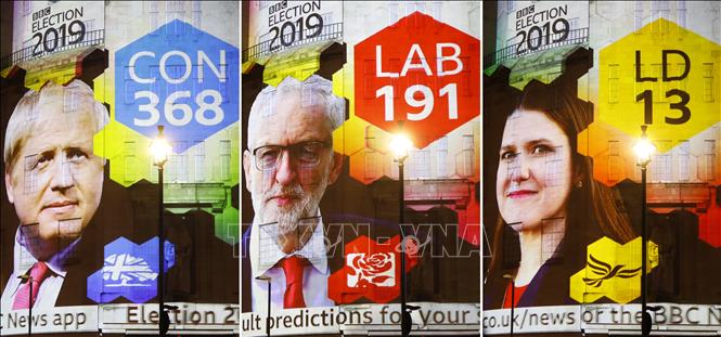 Trong ảnh: Kết quả thăm dò sau bỏ phiếu tổng tuyển cử Anh được công bố bên ngoài tòa nhà BBC ở London, ngày 12/12/2019. Ảnh: AFP/TTXVN