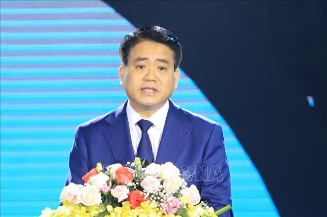 Trong ảnh: Chủ tịch UBND Thành phố Hà Nội Nguyễn Đức Chung phát biểu khai mạc buổi lễ. Ảnh: Thành Đạt - TTXVN
