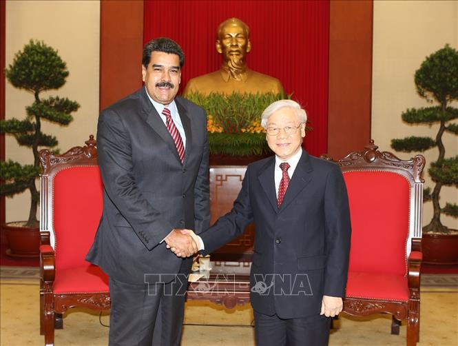 Trong ảnh: Chiều 31/8/2015, tại Trụ sở Trung ương Đảng, Tổng Bí thư Nguyễn Phú Trọng tiếp Tổng thống Venezuela Nicolás Maduro Moros thăm chính thức Việt Nam. Ảnh: Trí Dũng – TTXVN